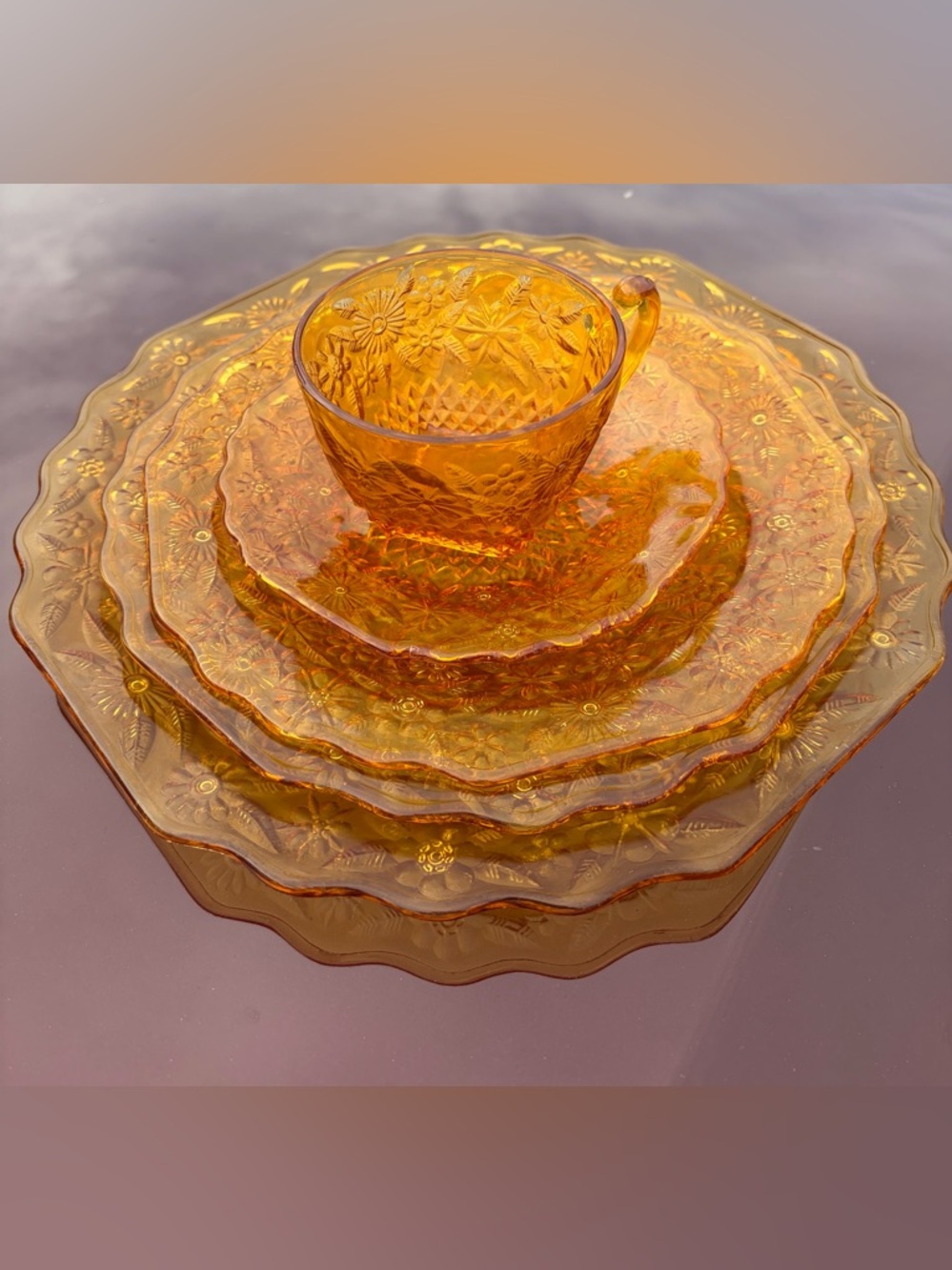 Indiana Glass Amber Floral Pressed Glass Tea Cup and Plate Set